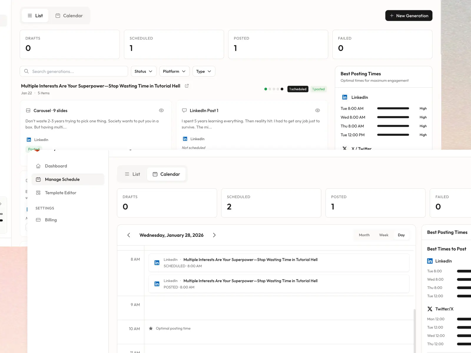 Cleyo content scheduler showing calendar view, best posting times, and multi-platform scheduling