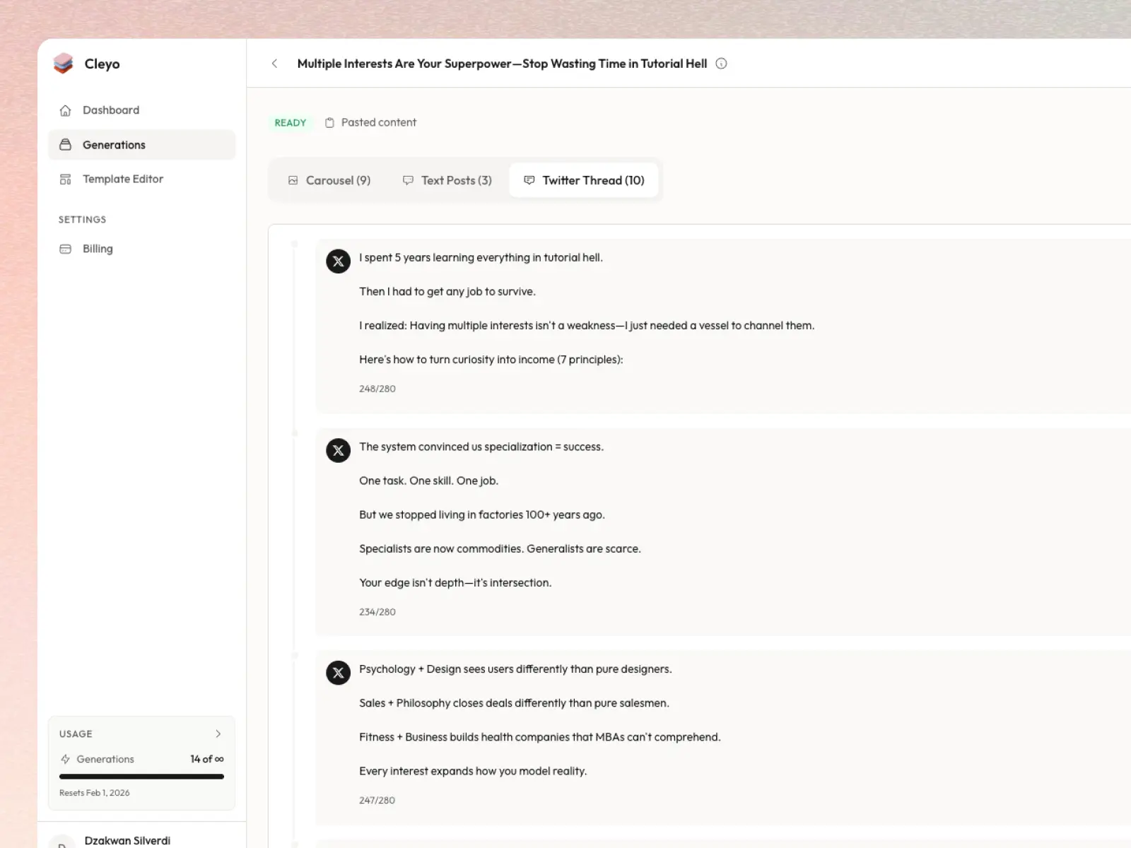 Cleyo content repurposing interface showing carousel, text posts, and Twitter thread generation
